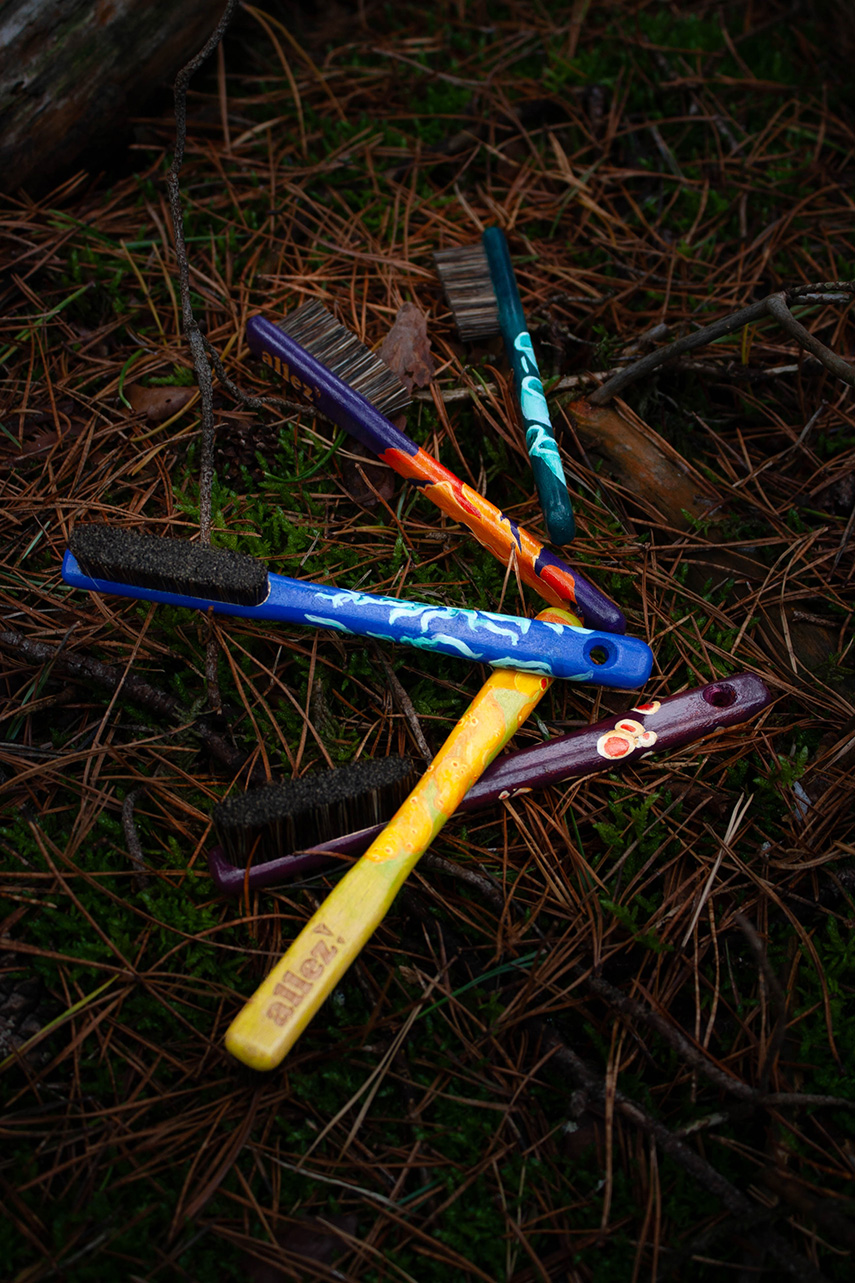 vijf beschilderde borstels op een bosgrond met dennennaalden