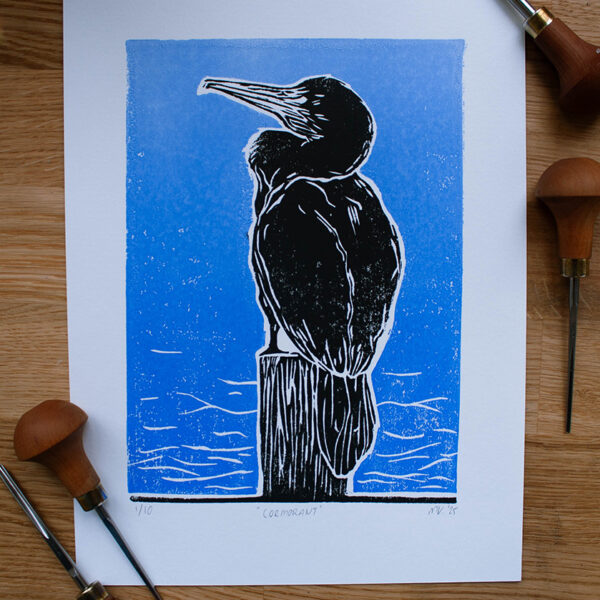 linoleumprent van zwarte aalscholver met gradient-blauwe achtergrond, gedrukt op papier. Met linogutsen