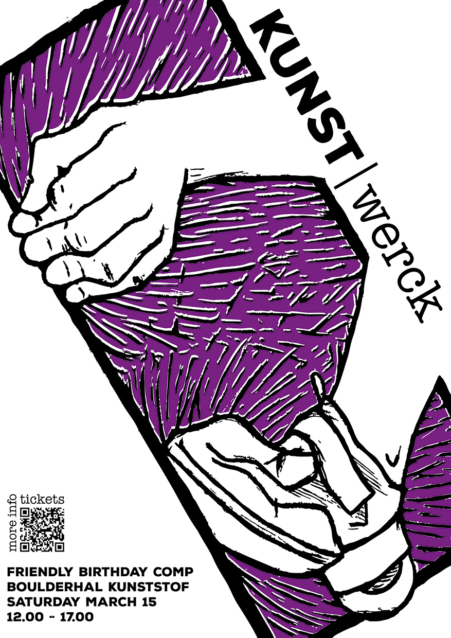 poster met afbeelding van hand die rand vasthoud en voet in klimschoen staande op de rand tegen een paarse achtergrond