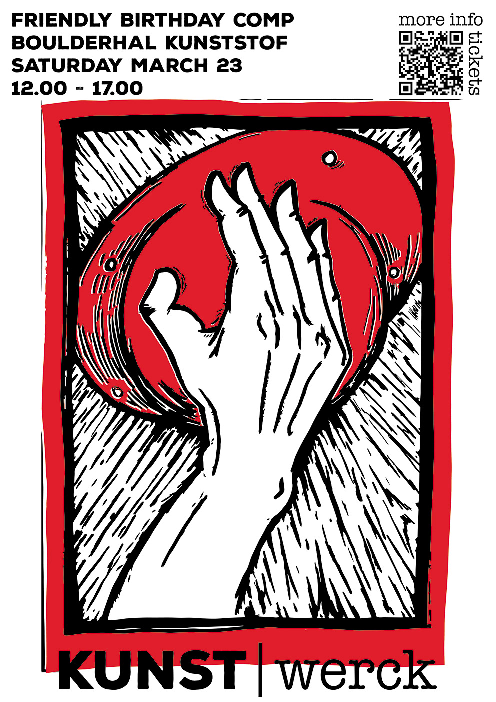 poster met tekst en afbeelding van hand op rode klimgreep