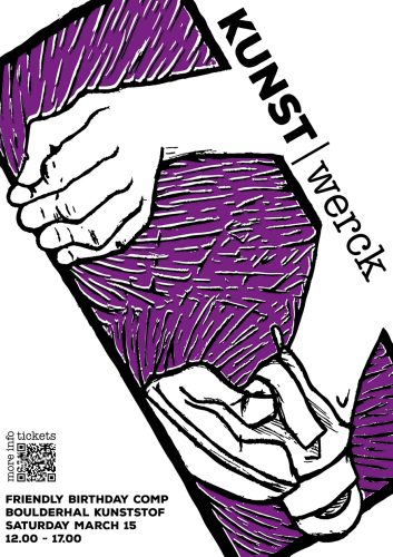 poster met afbeelding van hand die rand vasthoud en voet in klimschoen staande op de rand tegen een paarse achtergrond