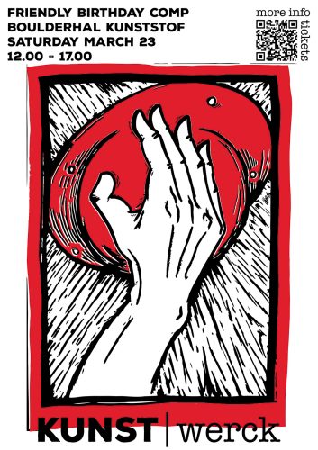 poster met tekst en afbeelding van hand op rode klimgreep